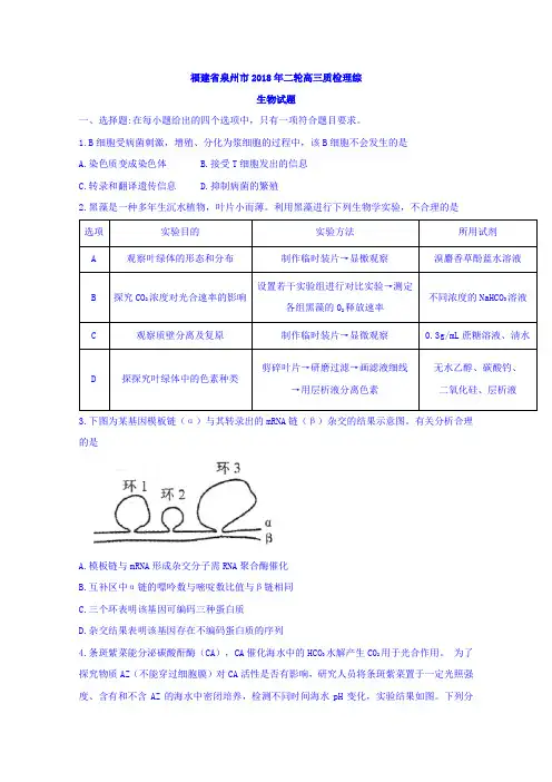 福建省泉州市2018年二轮高三质检理综生物试题