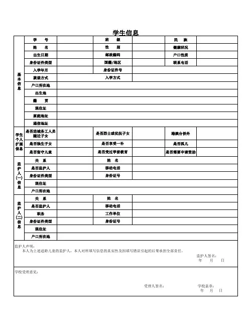 全国中小学学籍信息采集表格(空表)