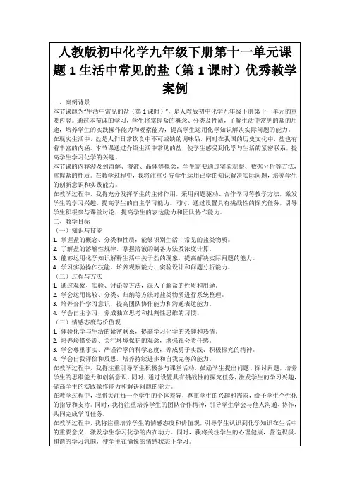 人教版初中化学九年级下册第十一单元课题1生活中常见的盐(第1课时)优秀教学案例