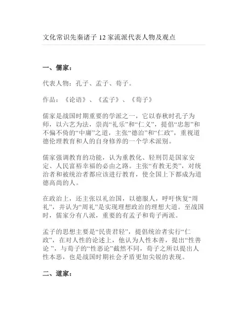 文化常识先秦诸子12家流派代表人物及观点