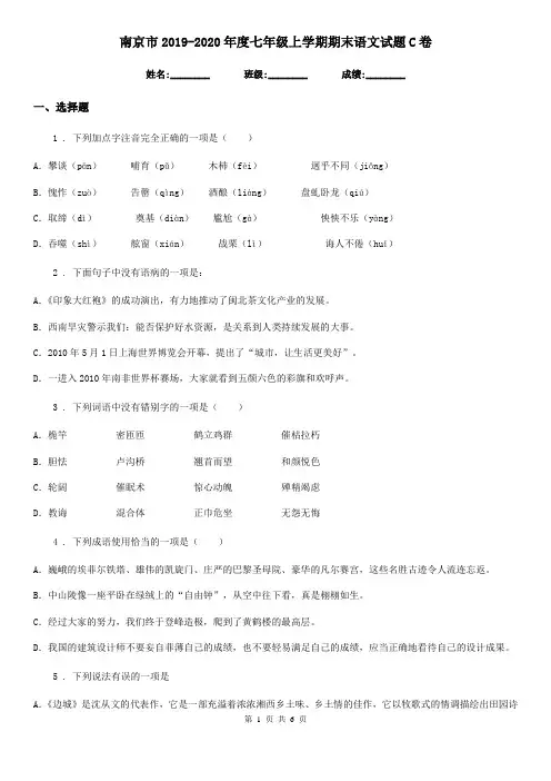 南京市2019-2020年度七年级上学期期末语文试题C卷