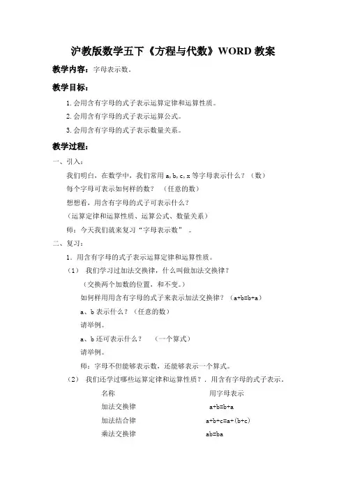 沪教版数学五下《方程与代数》WORD教案