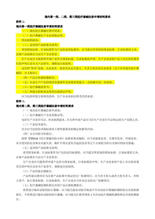 境内第一类、二类、第三类医疗器械注册申请材料要求
