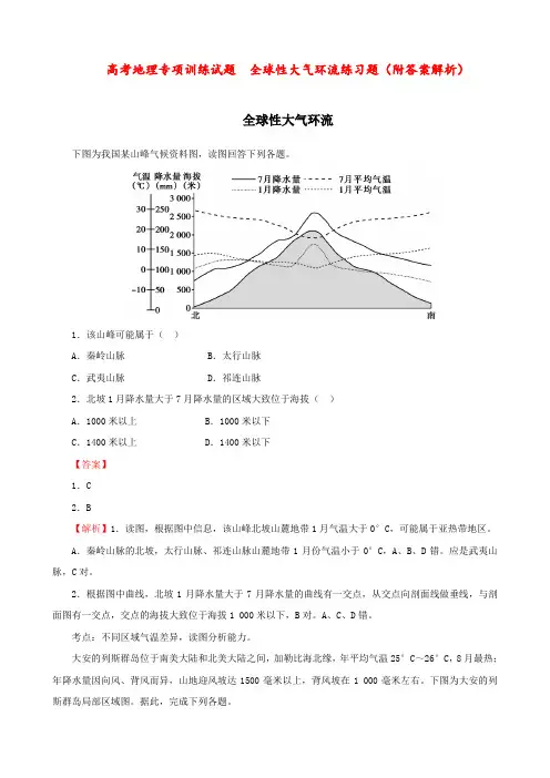 高考地理专项训练试题  全球性大气环流练习题(附答案解析)