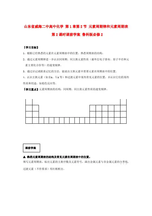 高中化学 第1章第2节 元素周期律和元素周期表 第2课时课前学案 鲁科版必修2