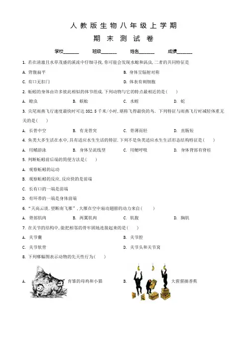 人教版生物八年级上学期《期末考试卷》带答案解析