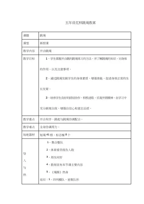 小学体育与健康《花样跳绳：开合跳》优质教案、教学设计