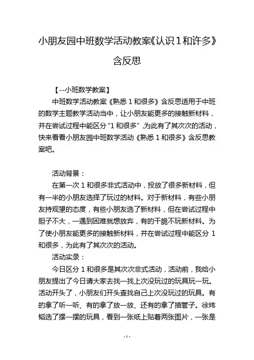 幼儿园中班数学活动教案《认识1和许多》含反思