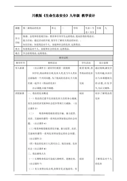 川教版《生命生态安全》九年级下册第二课毒品的危害 教学设计