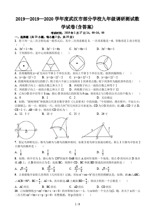 2019—2020学年度武汉市部分学校九年级调研测试数学试卷(含答案)