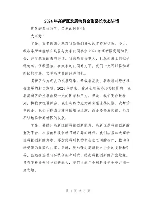 2024年高新区发展动员会副县长表态讲话