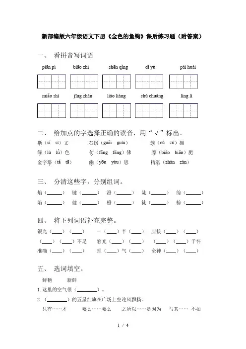 新部编版六年级语文下册《金色的鱼钩》课后练习题(附答案)