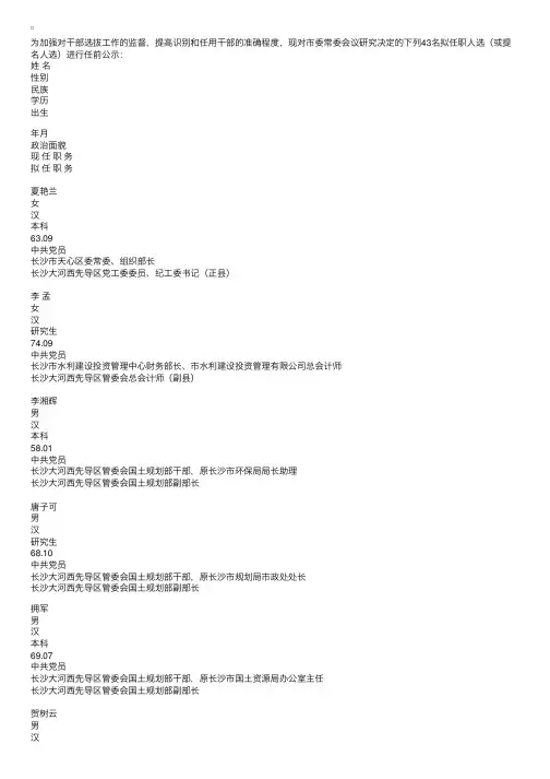 中共长沙市委管理干部任前公示公告