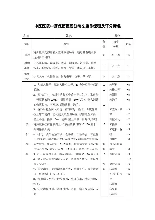 中医医院中药保留灌肠肛滴法操作流程及评分标准
