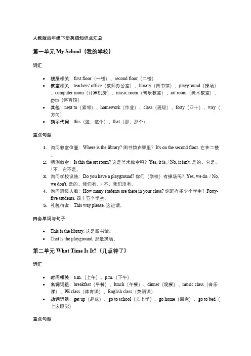 人教版四年级下册英语知识点汇总