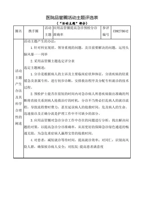 医院品管圈应用品管圈提高急诊预检分诊准确率活动主题评选表