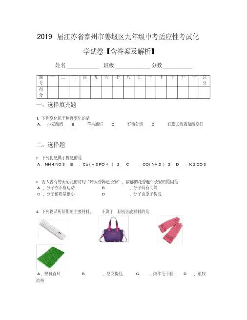 2019届江苏省泰州市姜堰区九年级中考适应性考试化学试卷【含答案及解析】