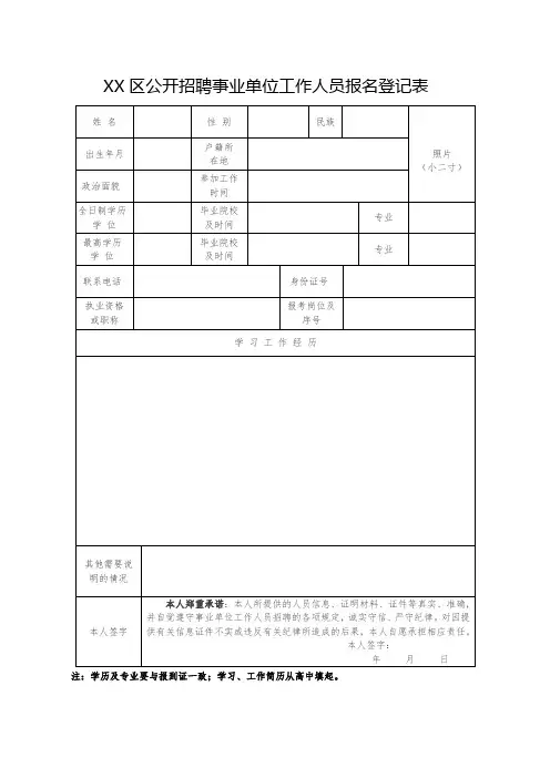 XX区公开招聘事业单位工作人员报名登记表【模板】