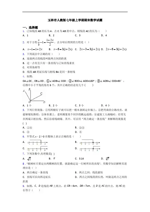 玉林市人教版七年级上学期期末数学试题
