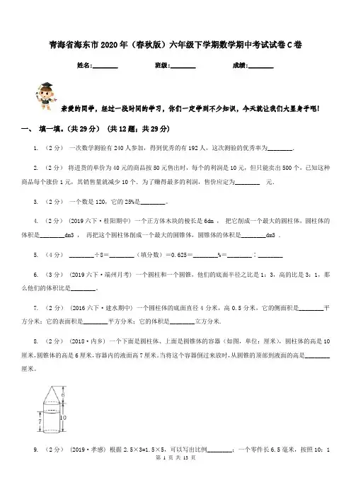 青海省海东市2020年(春秋版)六年级下学期数学期中考试试卷C卷