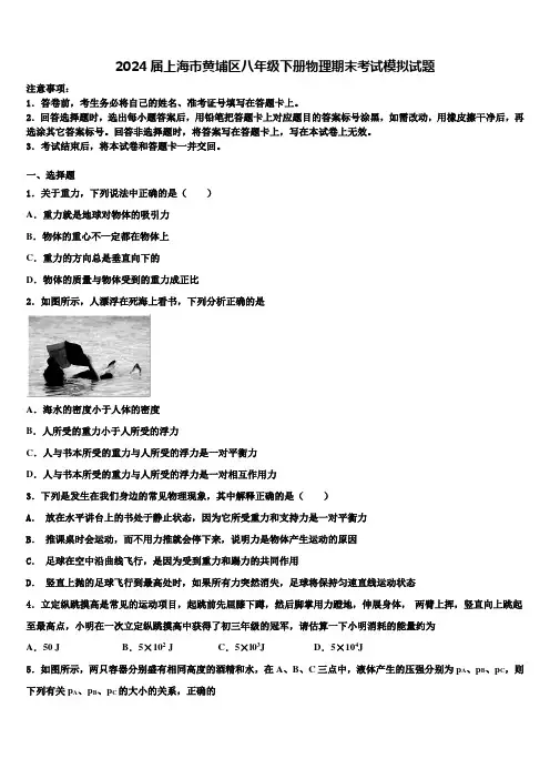 2024届上海市黄埔区八年级下册物理期末考试模拟试题含解析