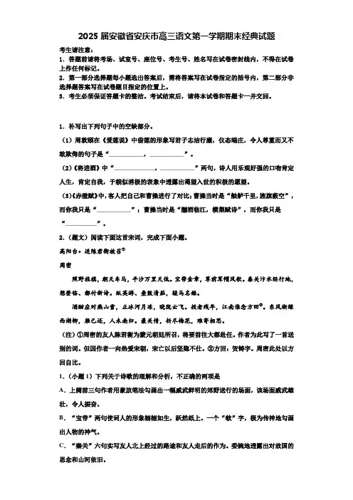 2025届安徽省安庆市高三语文第一学期期末经典试题含解析