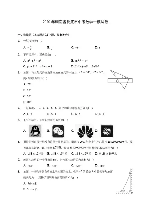2020年湖南省娄底市中考数学一模试卷 (含答案解析)