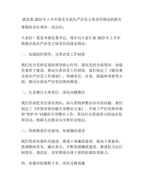 镇党委2023年上半年落实全面从严治党主体责任情况的报告