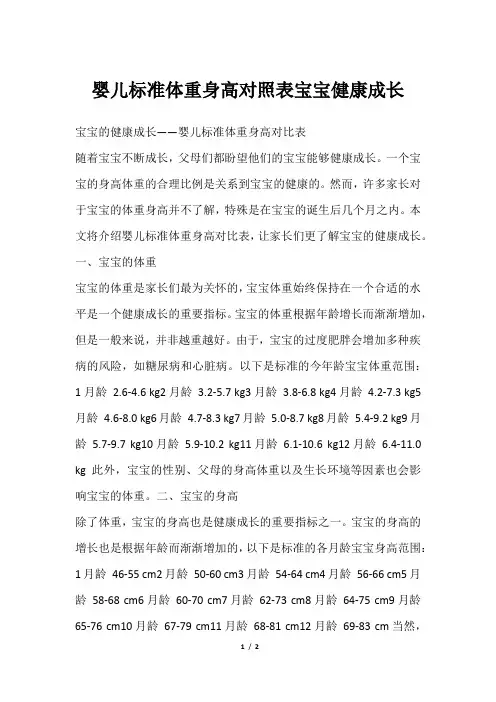 婴儿标准体重身高对照表宝宝健康成长