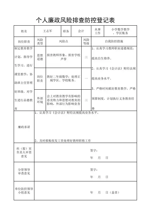 廉政风险排查防控登记表(单位、个人)
