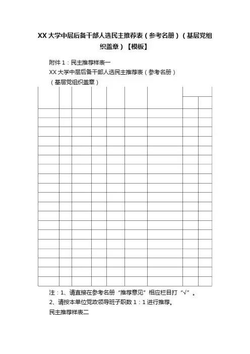 XX大学中层后备干部人选民主推荐表（参考名册）（基层党组织盖章）【模板】
