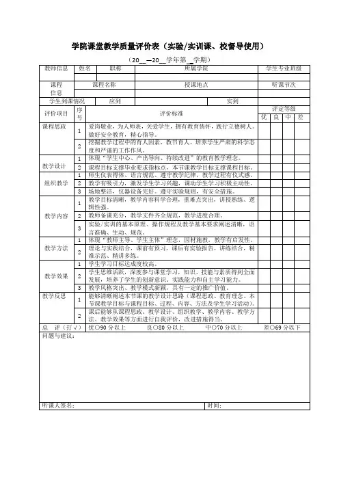 学院课堂教学质量评价表(实验实训课、校督导使用)