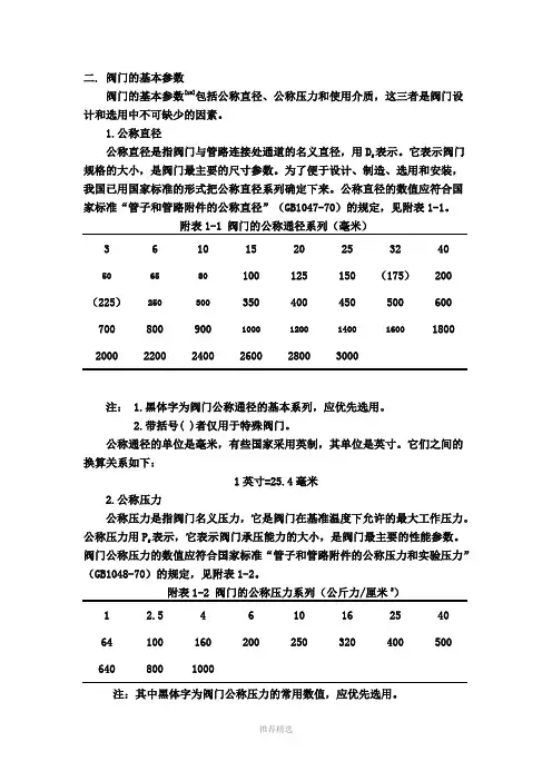 阀门基本参数参考word