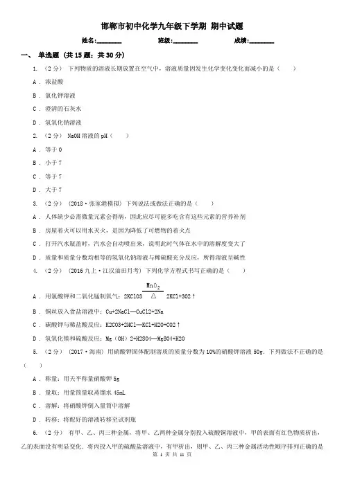 邯郸市初中化学九年级下学期 期中试题