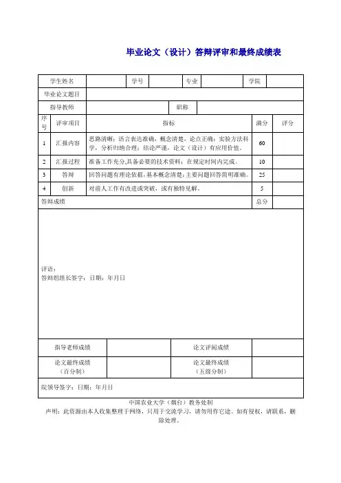 毕业论文(设计)答辩评审和最终成绩表