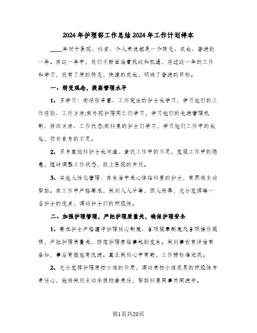 2024年护理部工作总结2024年工作计划样本(6篇)