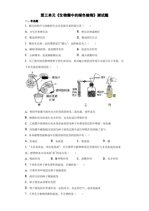 人教版七年级上册生物第三单元生物圈中的绿色植物测试题(含答案)