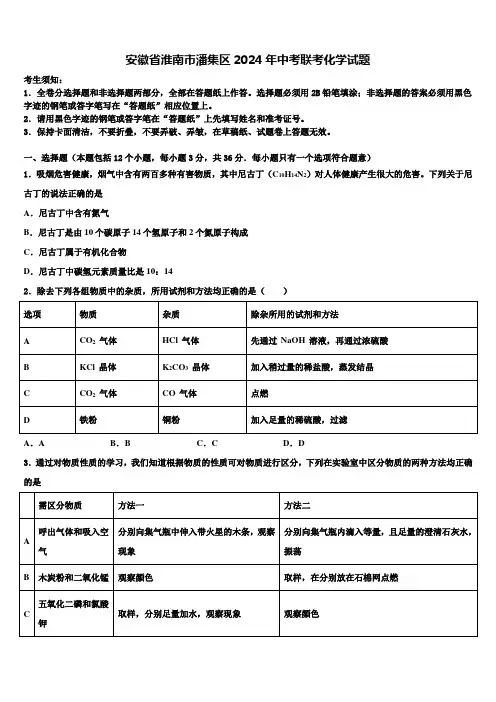 安徽省淮南市潘集区2024年中考联考化学试题含解析