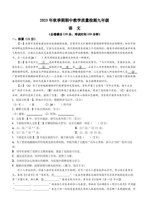 广西壮族自治区贵港市港南区2023-2024学年九年级上学期期中语文试题(含答案)