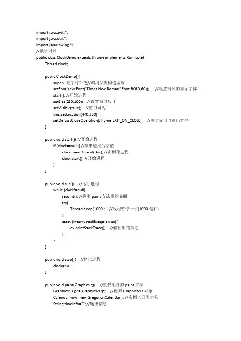 JAVA数字时钟源程序代码