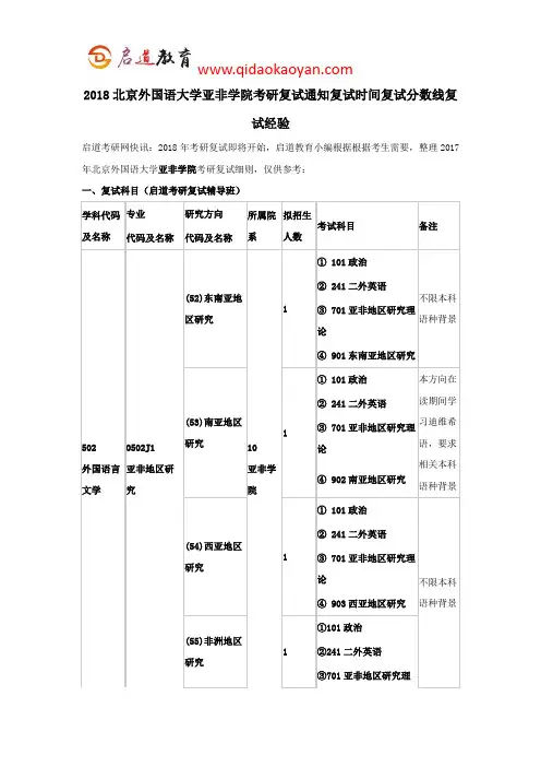 2018北京外国语大学亚非学院考研复试通知复试时间复试分数线复试经验