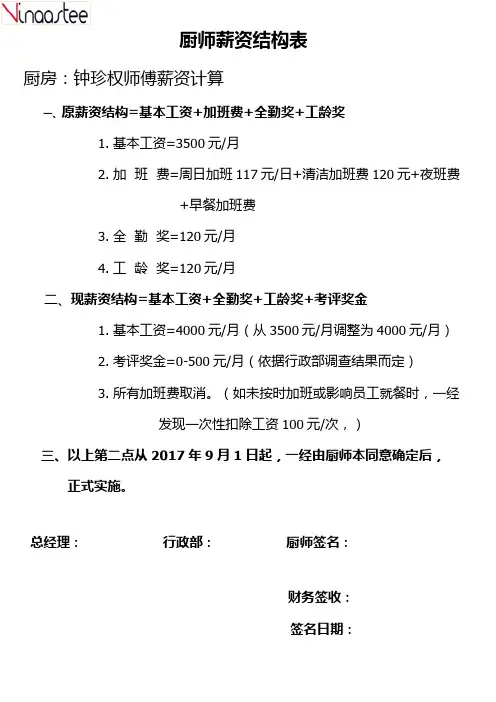 厨师薪资结构表
