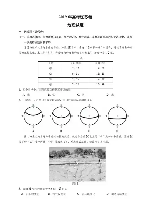 (江苏卷)2019年普通高等学校招生全国统一考试地理试题(有答案)-最佳