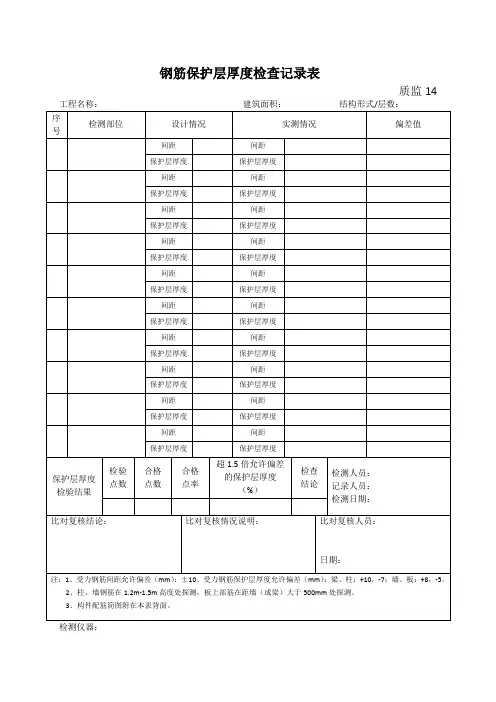 钢筋保护层厚度检查记录表