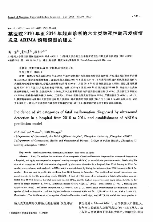 某医院2010年至2014年超声诊断的六大类致死性畸形发病情况及ARIMA预