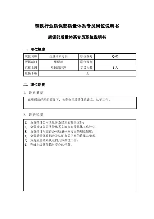 钢铁行业质保部质量体系专员岗位说明书