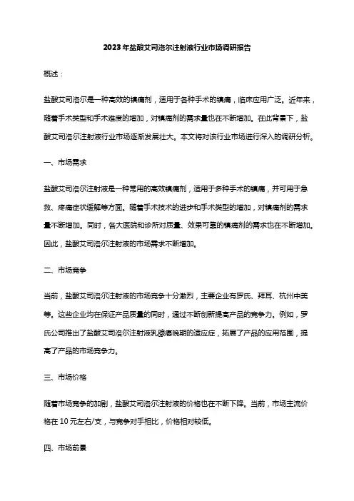 2023年盐酸艾司洛尔注射液行业市场调研报告