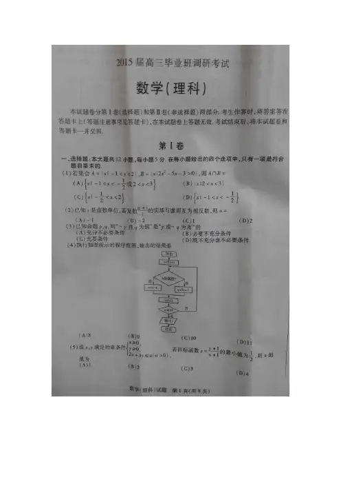 河南省安阳市2015届高三毕业班调研考试数学(理)试题(扫描版)