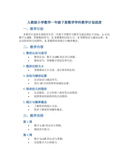 人教版小学数学一年级下册数学学科教学计划 进度