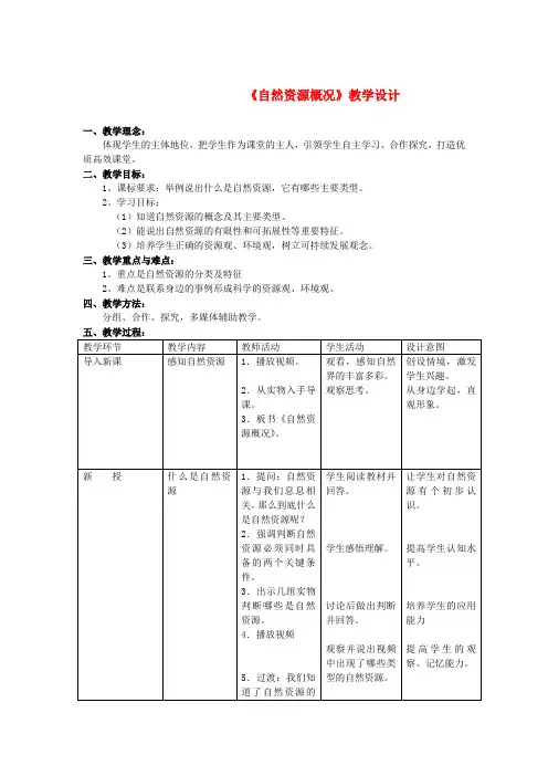 八年级地理上册 第三章第一节《自然资源概况》教案 湘教版